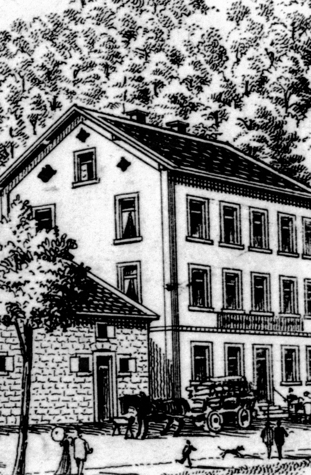 Die Tuschezeichnung aus dem Jahr 1892 zeigt das rege Treiben vor dem Hauptgebäude und der Scheune der Alten Schmelz.